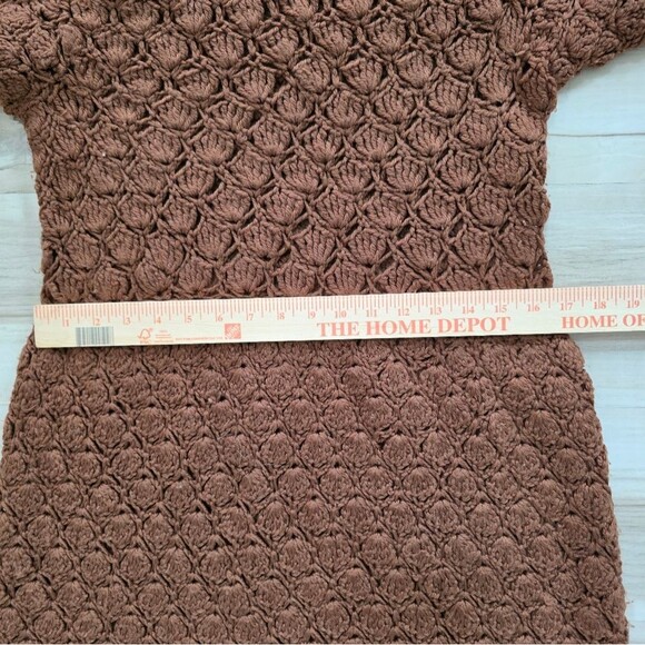 Chocolate Brown Crochet Balloon Sleeve Scallop Fan Design Drop Waist Maxi Dress - Picture 11 of 13